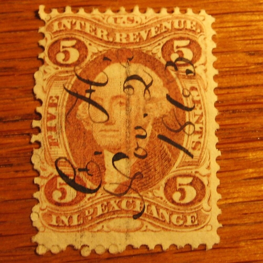 1862-71 Revenue Stamp First Issue Perforated 5 cent in dark red stamp